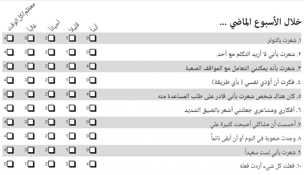 Items of the Arabic YP-CORE with score numbers in English