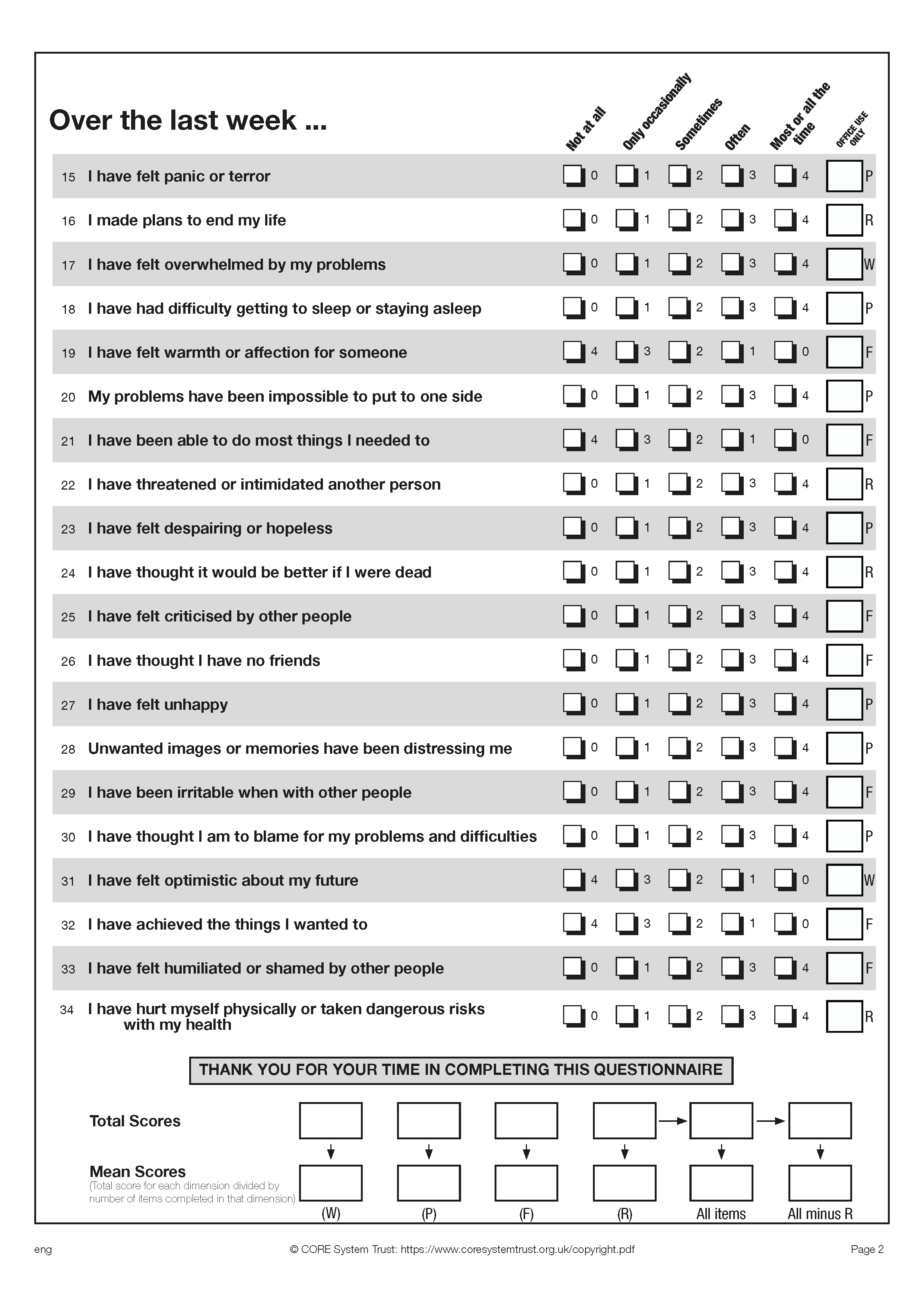 Português : Clinical Outcomes in Routine Evaluation (and CST)